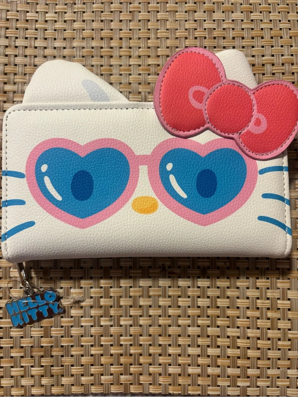 Hello Kitty White Wallet with Pink Bow and Blue Heart Sunglasses Print